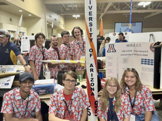 University of Arizona AIAA club members display their rocket ‘Fire Hazard’ at the 2024 Spaceport America Cup.