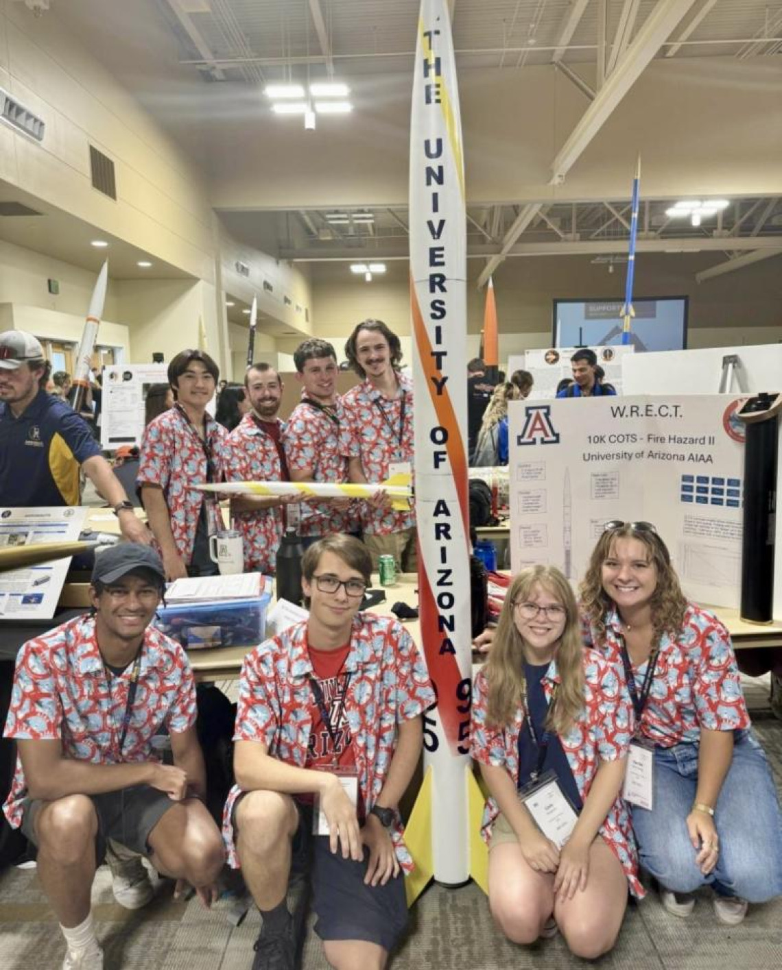 University of Arizona AIAA club members display their rocket ‘Fire Hazard’ at the 2024 Spaceport America Cup.