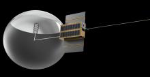 Computer-generated rendering of a CubeSat, a small satellite with a dish antenna