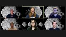 Screenshot of six students in a Zoom meeting. All of them have the asteroid Bennu set as their background.
