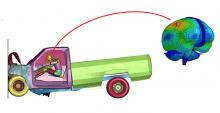 A colorful simulation of a truck running into a wall with a person inside. On the right side of the image is a zoomed-in version of the driver's brain.