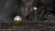 A computer illustration of two spherical robots in a rock tunnel