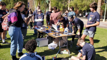 At the November 2023 Solar Track Meet, first-year students present their team-developed autonomous solar trackers for peer judging.