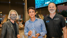 Sahand Sabet, doctoral graduate in mechanical engineering and co-founder of Revolute Robotics, with Betsy Cantwell and Doug Hockstad at the 2021 I-Squared Awards and Expo.