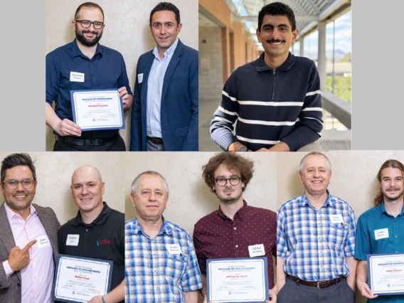 Aerospace and mechanical engineering awardees pose for a photo with their nominating faculty members.