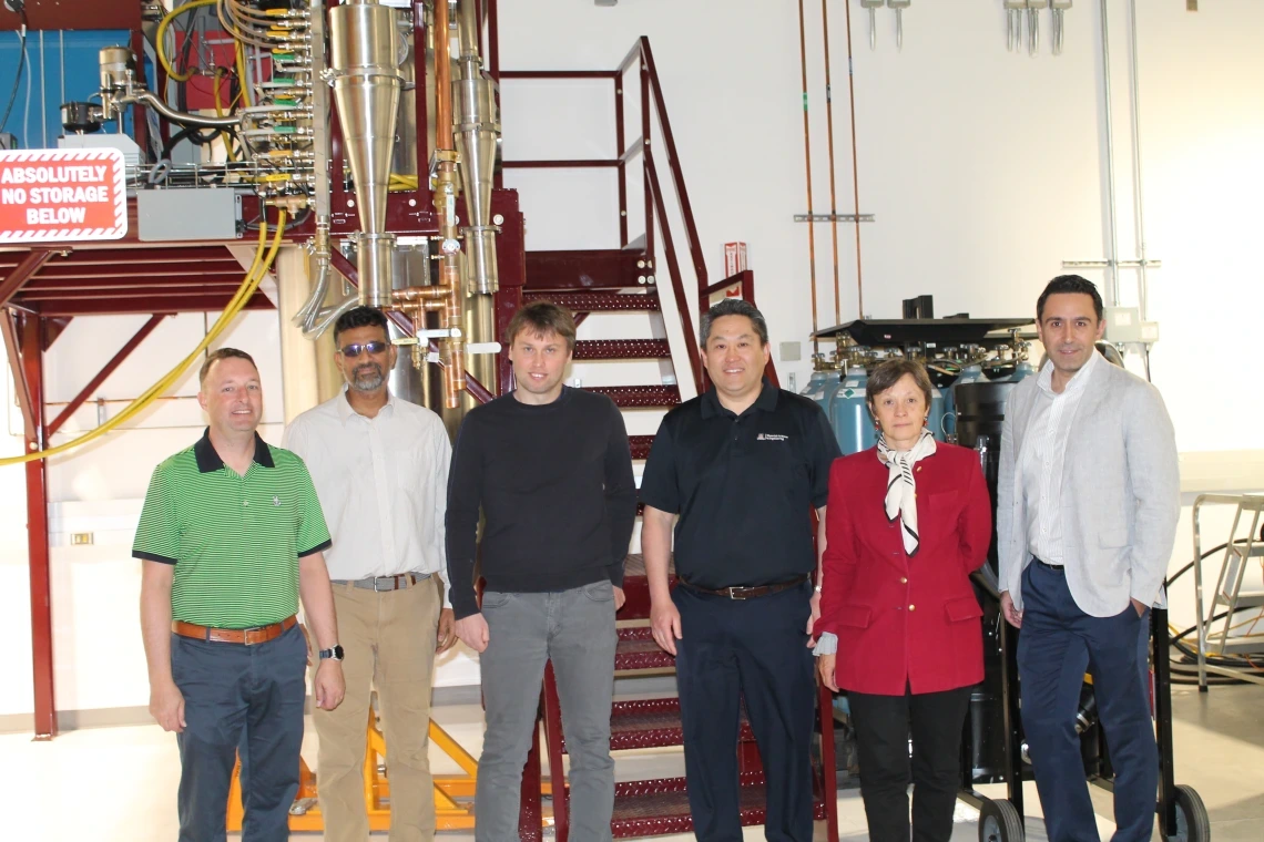 The Mach-X research team (from left, Andrew Wessman, Krishna Muralidharan, Benoit Revil-Baudard, Sammy Tin, Oana Cazacu and Kavan Hazeli) is working for the first time in the university’s Applied Research Building.