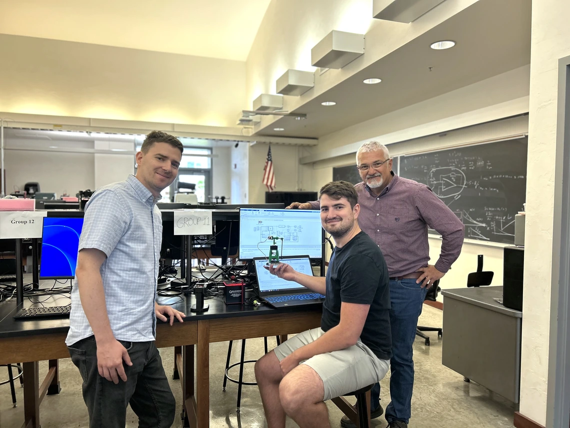 (From left) STUBA professor Martin Gulan, master's student Michal Paučo and AME professor Eniko Enikov demonstrate BicopShield..